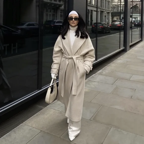 ZARA PREMIUM BELTED WOOL BLEND COAT ICE XL NWT